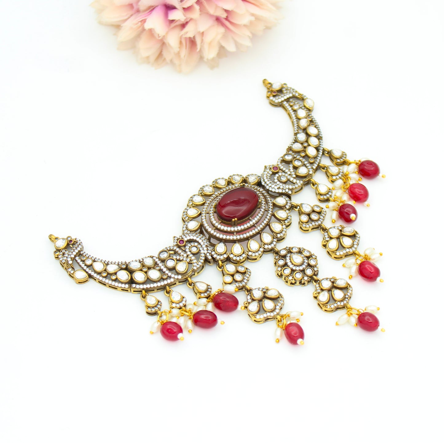 Victorian Peacock Short Necklace Set With Chandbali Earrings Push Back 33692