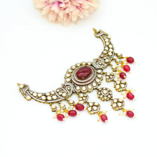 Victorian Peacock Short Necklace Set With Chandbali Earrings Push Back 33692
