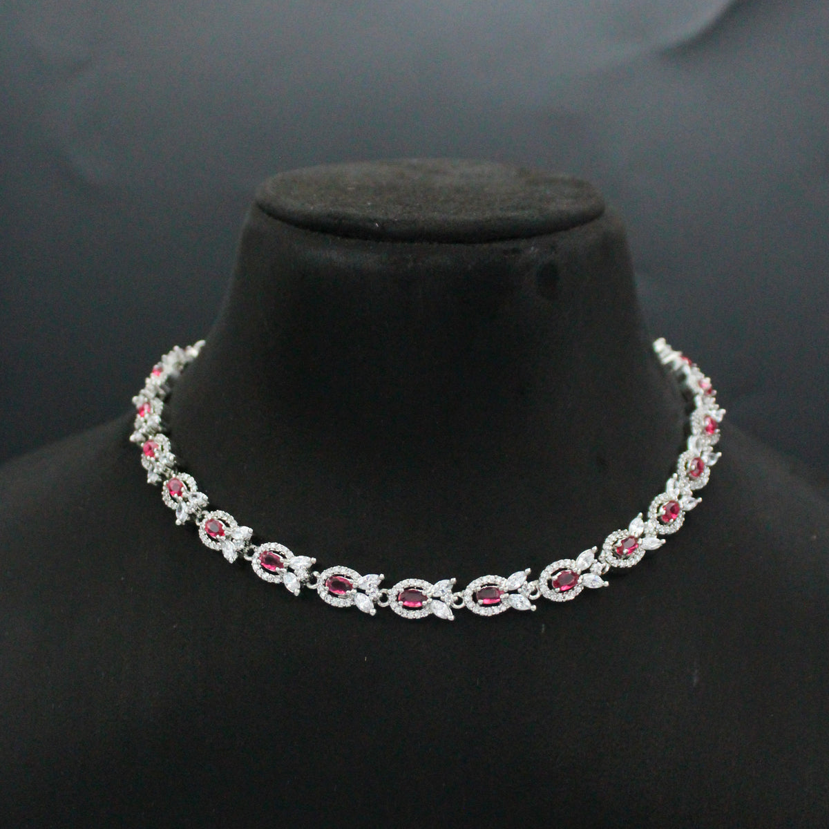 Platinum 1 Line Red Short Necklace Set With Push Back Earrings 16222