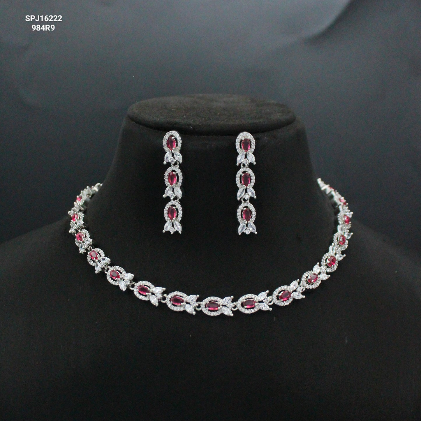 Platinum 1 Line Red Short Necklace Set With Push Back Earrings 16222