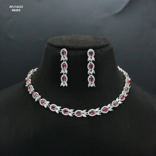 Platinum 1 Line Red Short Necklace Set With Push Back Earrings 16222