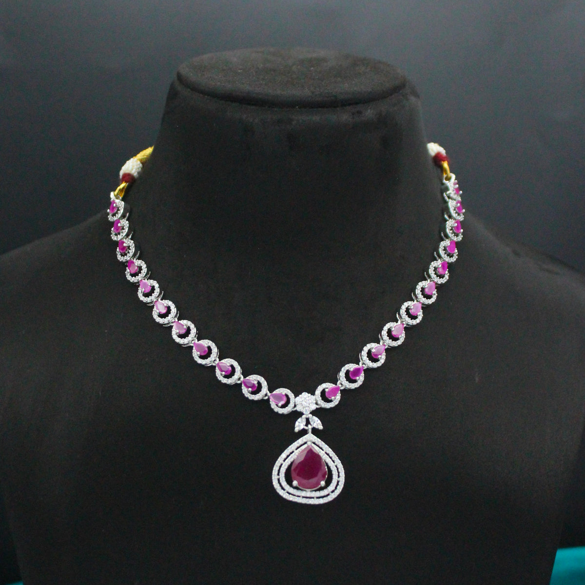 Platinum Drop Necklace Dark Pink With Push Back Earrings 31057