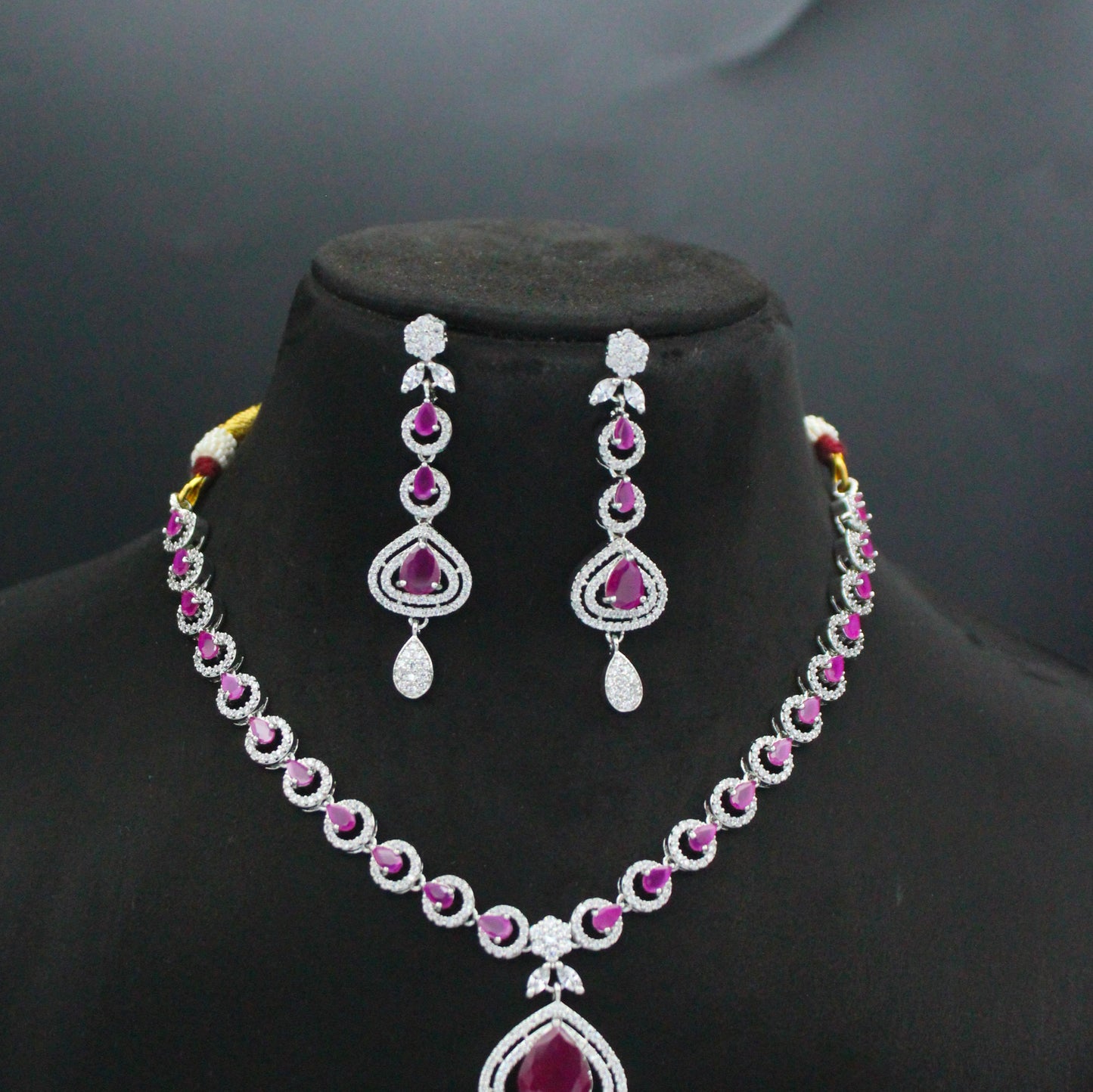 Platinum Drop Necklace Dark Pink With Push Back Earrings 31057