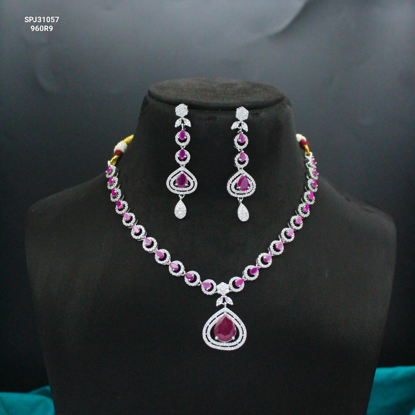 Platinum Drop Necklace Dark Pink With Push Back Earrings 31057