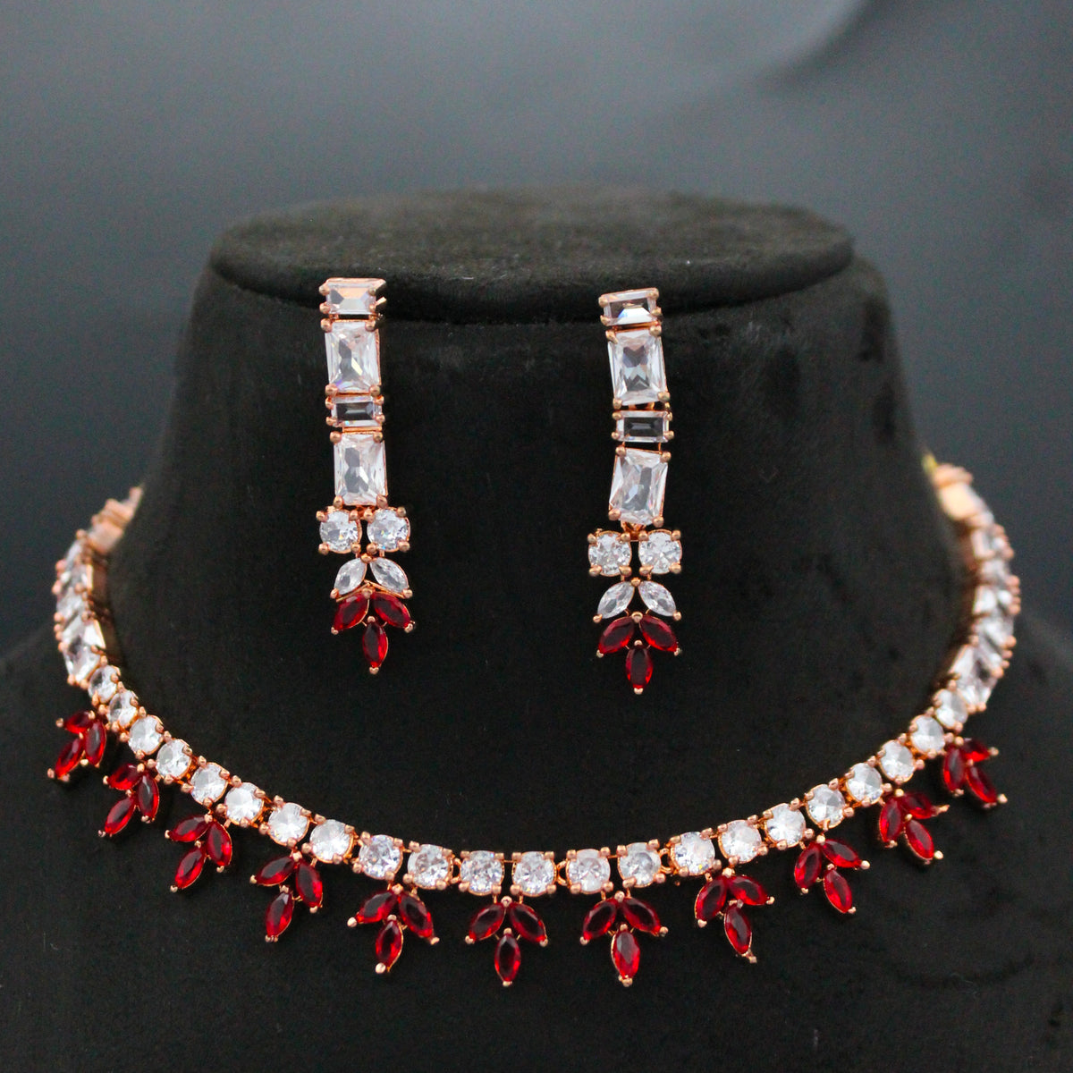 Rose Gold AD Red Stone Necklace Set SP-8967