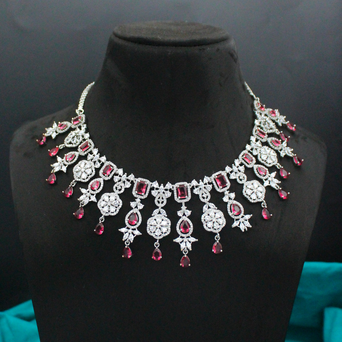 Platinum Broad Drop Red Necklace Set With Push Back Earrings 28800