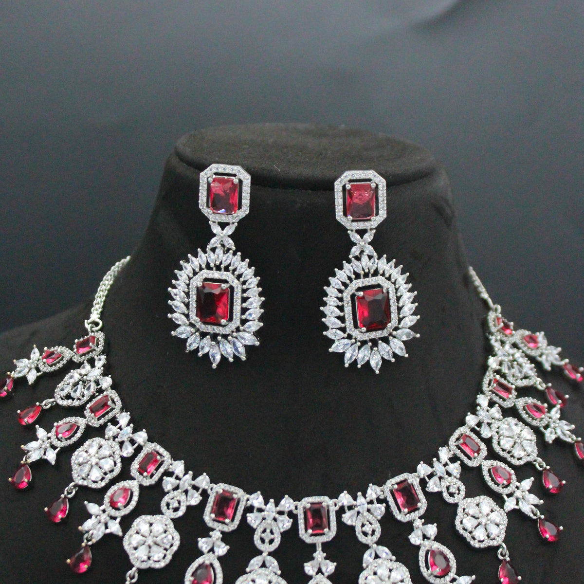 Platinum Broad Drop Red Necklace Set With Push Back Earrings 28800