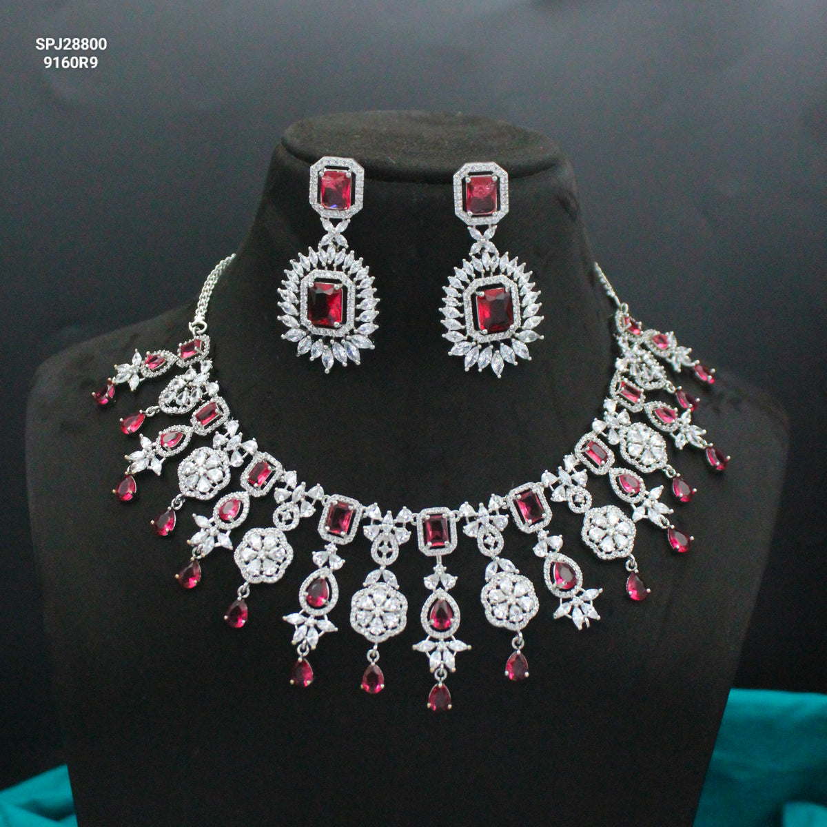 Platinum Broad Drop Red Necklace Set With Push Back Earrings 28800