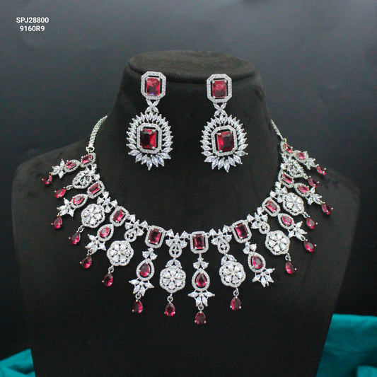 Platinum Broad Drop Red Necklace Set With Push Back Earrings 28800