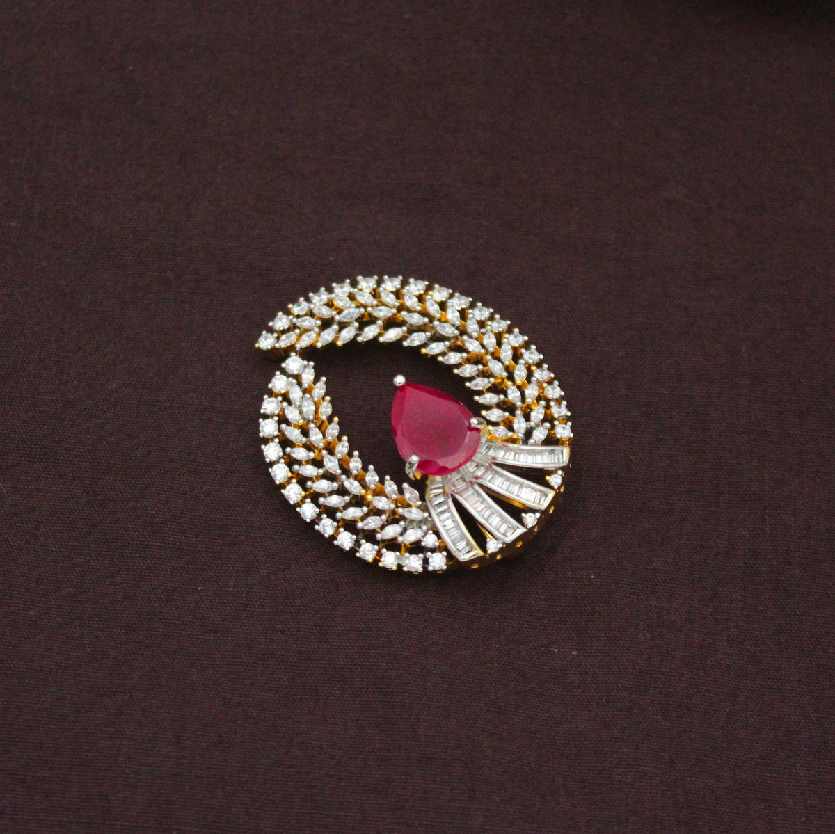 Premium Diamond Look Red Pendant Set With Push Back Earrings and Openable Hook 42870