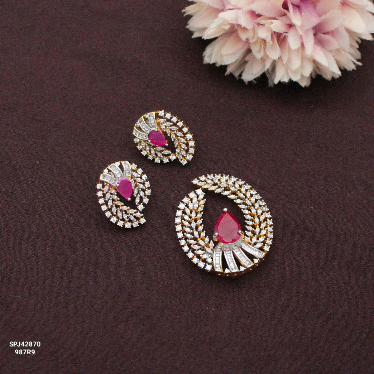 Premium Diamond Look Red Pendant Set With Push Back Earrings and Openable Hook 42870