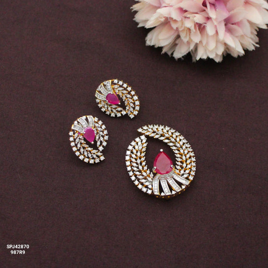 Premium Diamond Look Red Pendant Set With Push Back Earrings and Openable Hook 42870