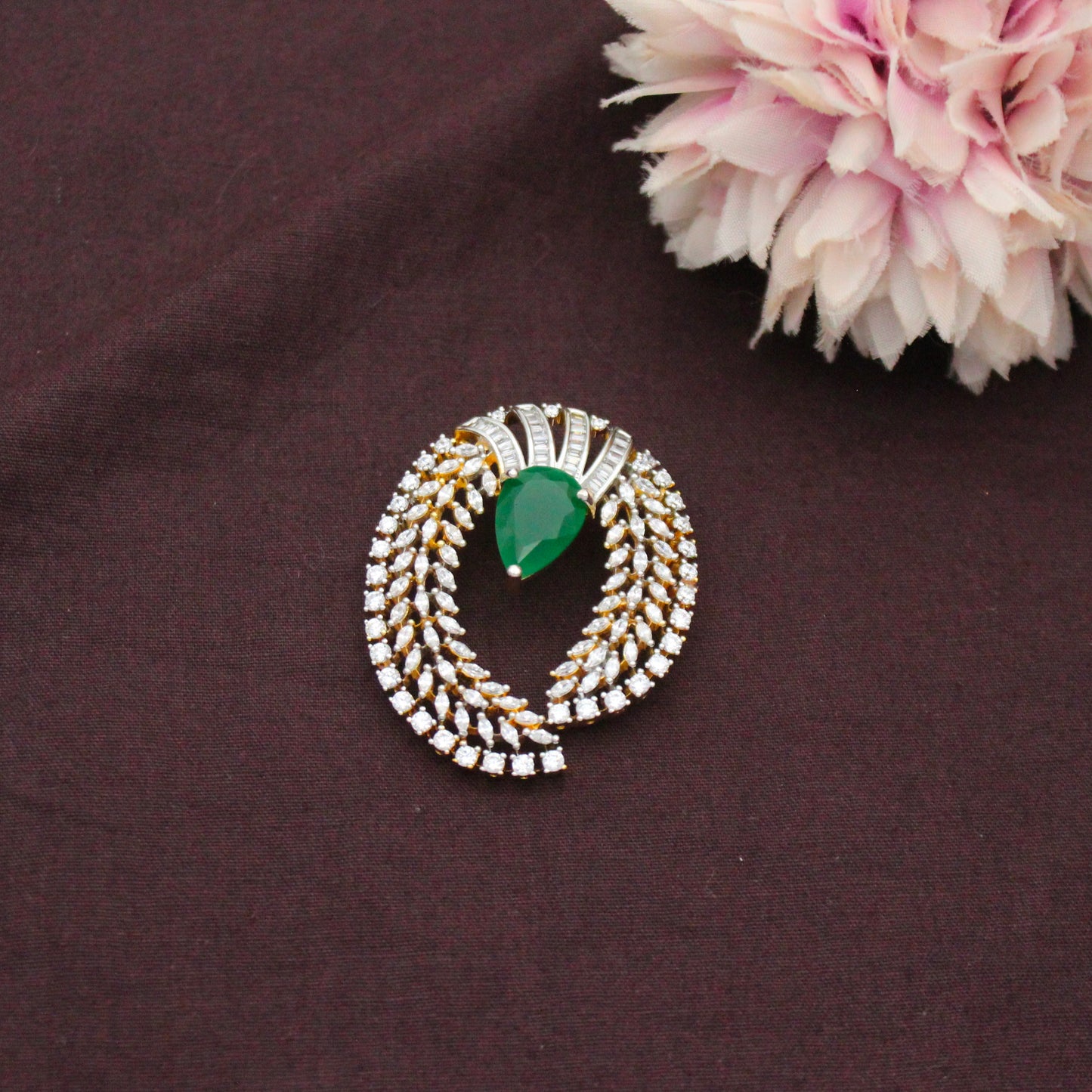 Premium Diamond Look Green Pendant Set With Push Back Earrings And Openable Hook 42869