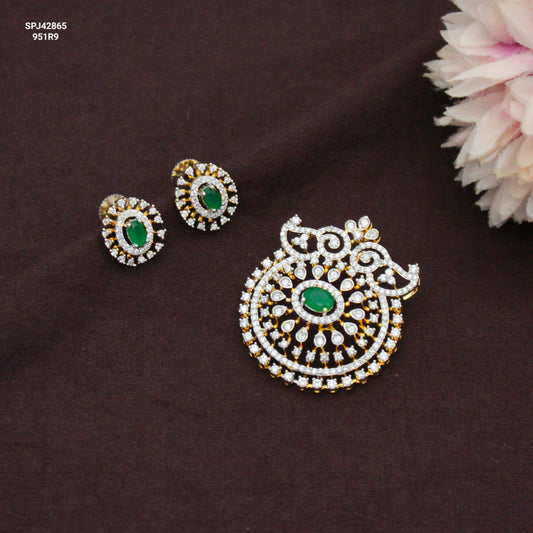 Diamond Look Green Premium Pendant Set With Push Back Studs and Openable Hook 42865