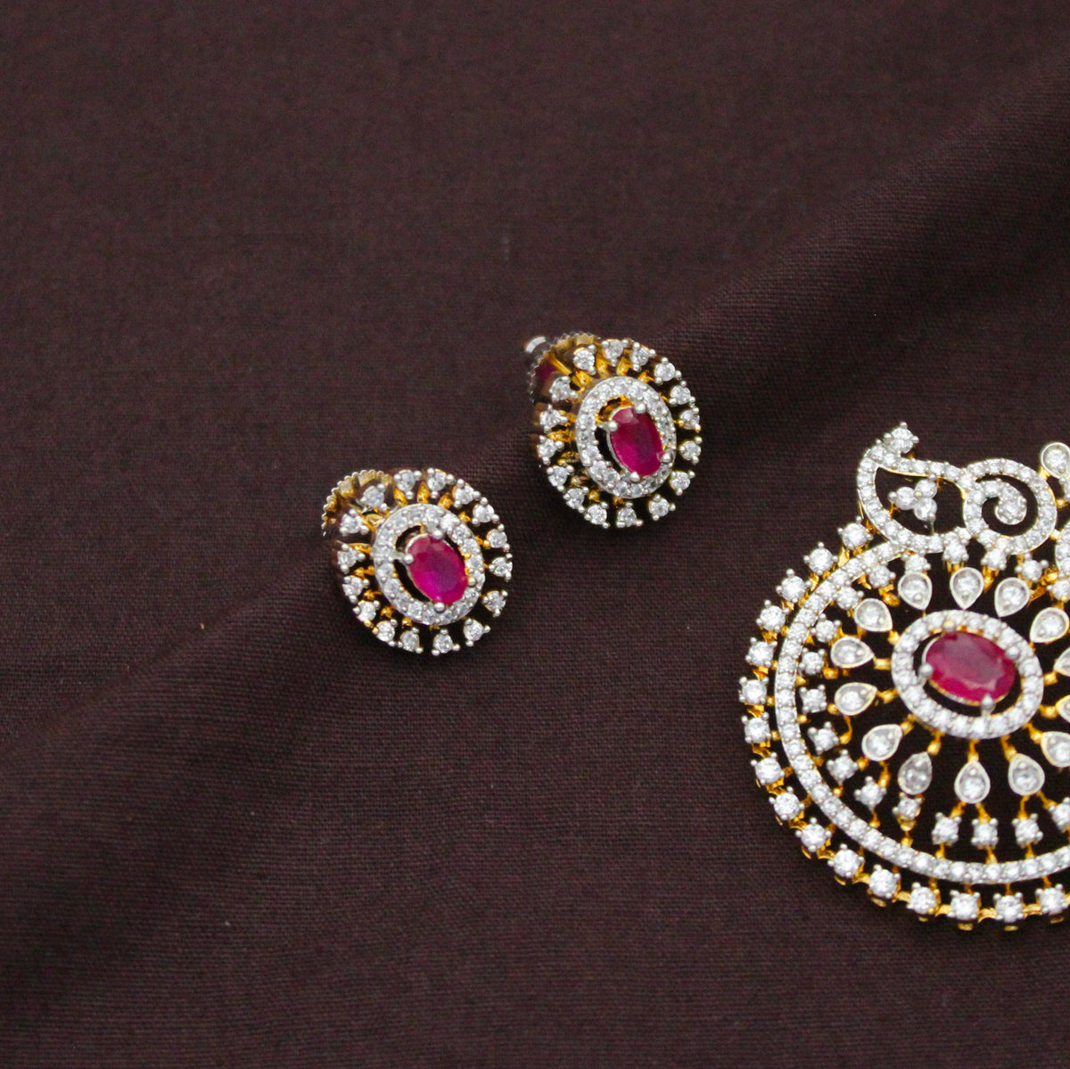 Diamond Look Red Premium Pendant Set With Push Back Studs And Openable Hook 42865