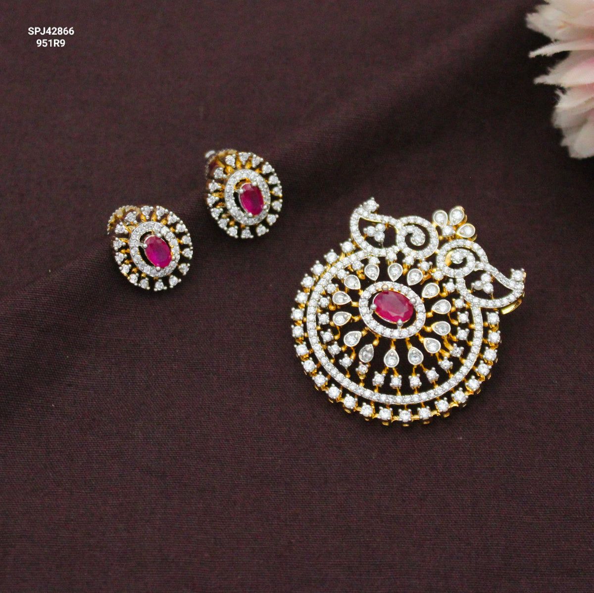Diamond Look Red Premium Pendant Set With Push Back Studs And Openable Hook 42865