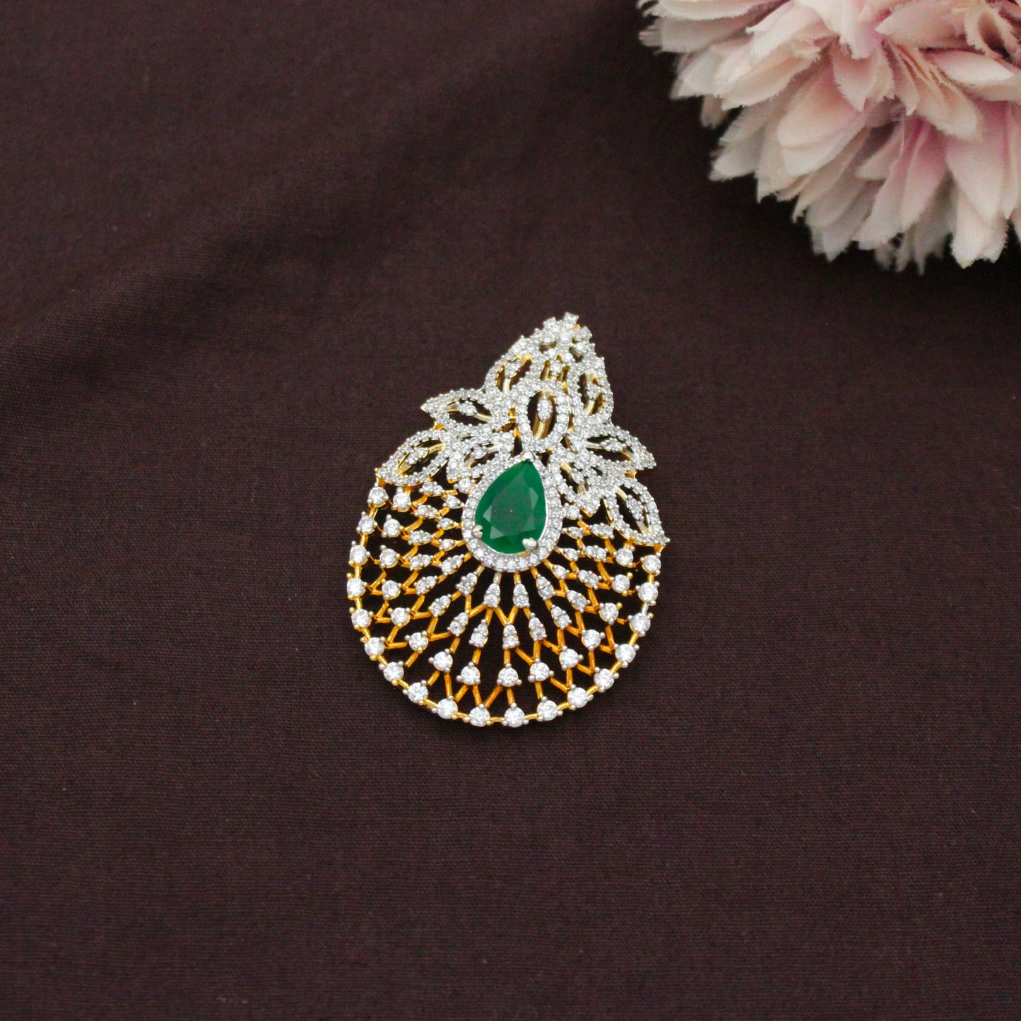 Diamond Look Floral Green Pendant Set With Push Back Earrings And Openable Hook 42867