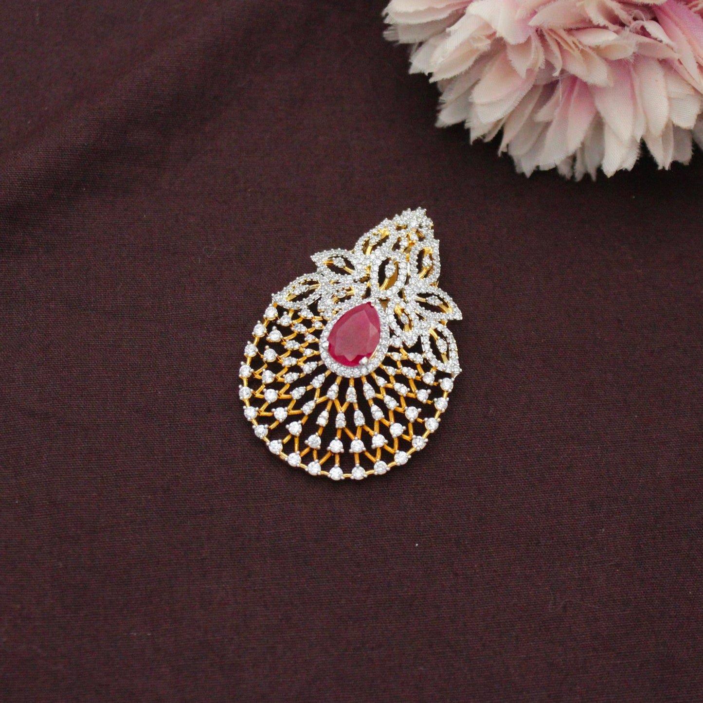 Diamond Look Floral Red Pendant Set With Push Back Earrings And Openable Hook 42868
