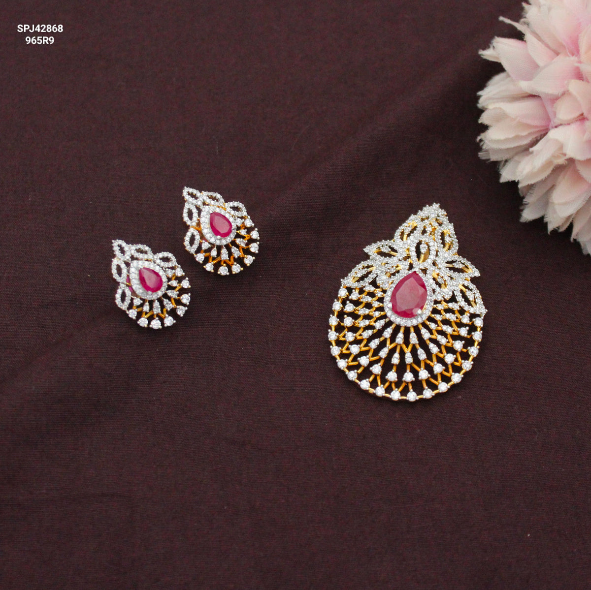 Diamond Look Floral Red Pendant Set With Push Back Earrings And Openable Hook 42868