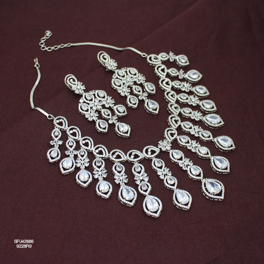 Premium Platinum Bridal Short White Flexible Necklace Fancy Floral Necklace Set Tear Drop Design With Big Bridal Push Back Earrings Party Wear 42886
