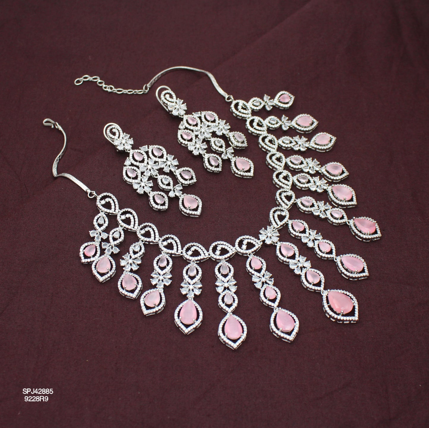 Premium Platinum Bridal Short Pink Flexible Necklace Fancy Floral Necklace Set Tear Drop Design With Big Bridal Push Back Earrings Party Wear 42885