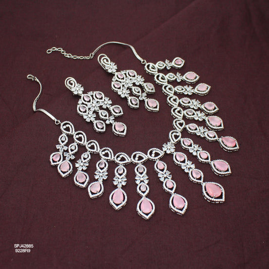 Premium Platinum Bridal Short Pink Flexible Necklace Fancy Floral Necklace Set Tear Drop Design With Big Bridal Push Back Earrings Party Wear 42885
