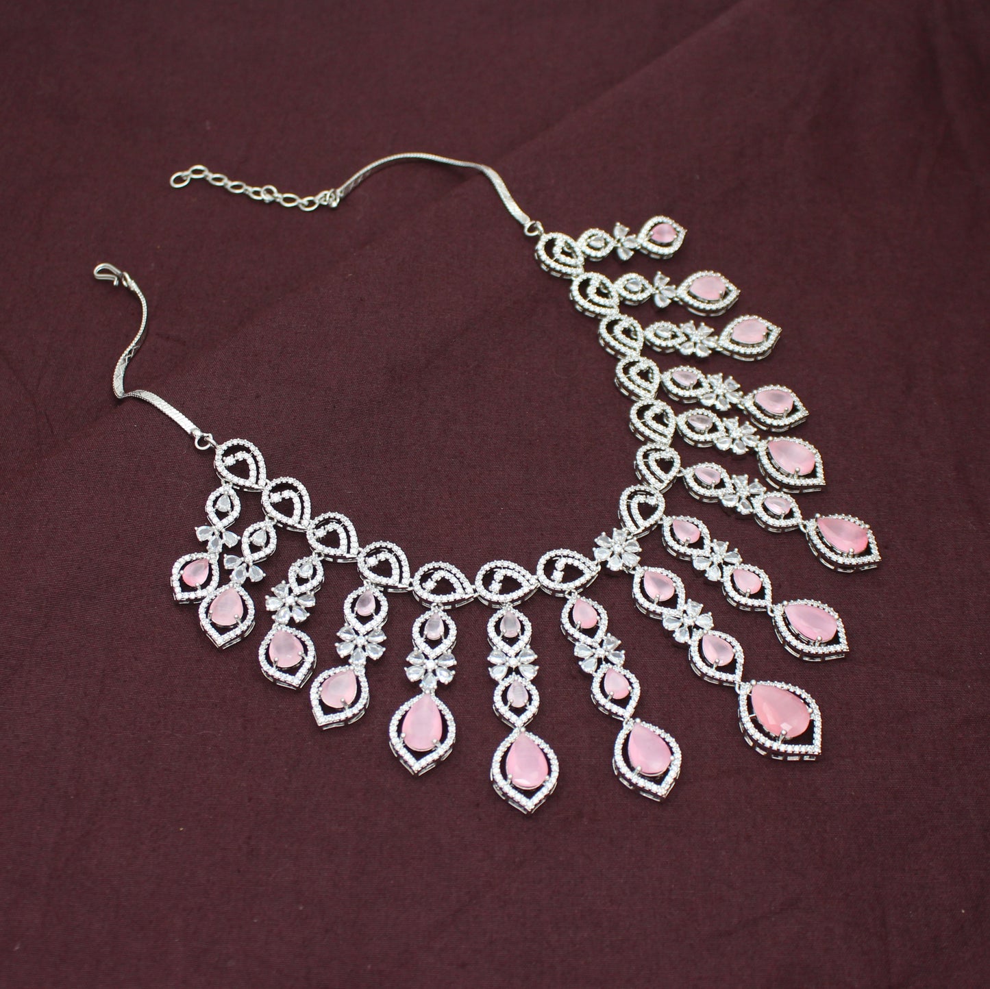 Premium Platinum Bridal Short Pink Flexible Necklace Fancy Floral Necklace Set Tear Drop Design With Big Bridal Push Back Earrings Party Wear 42885