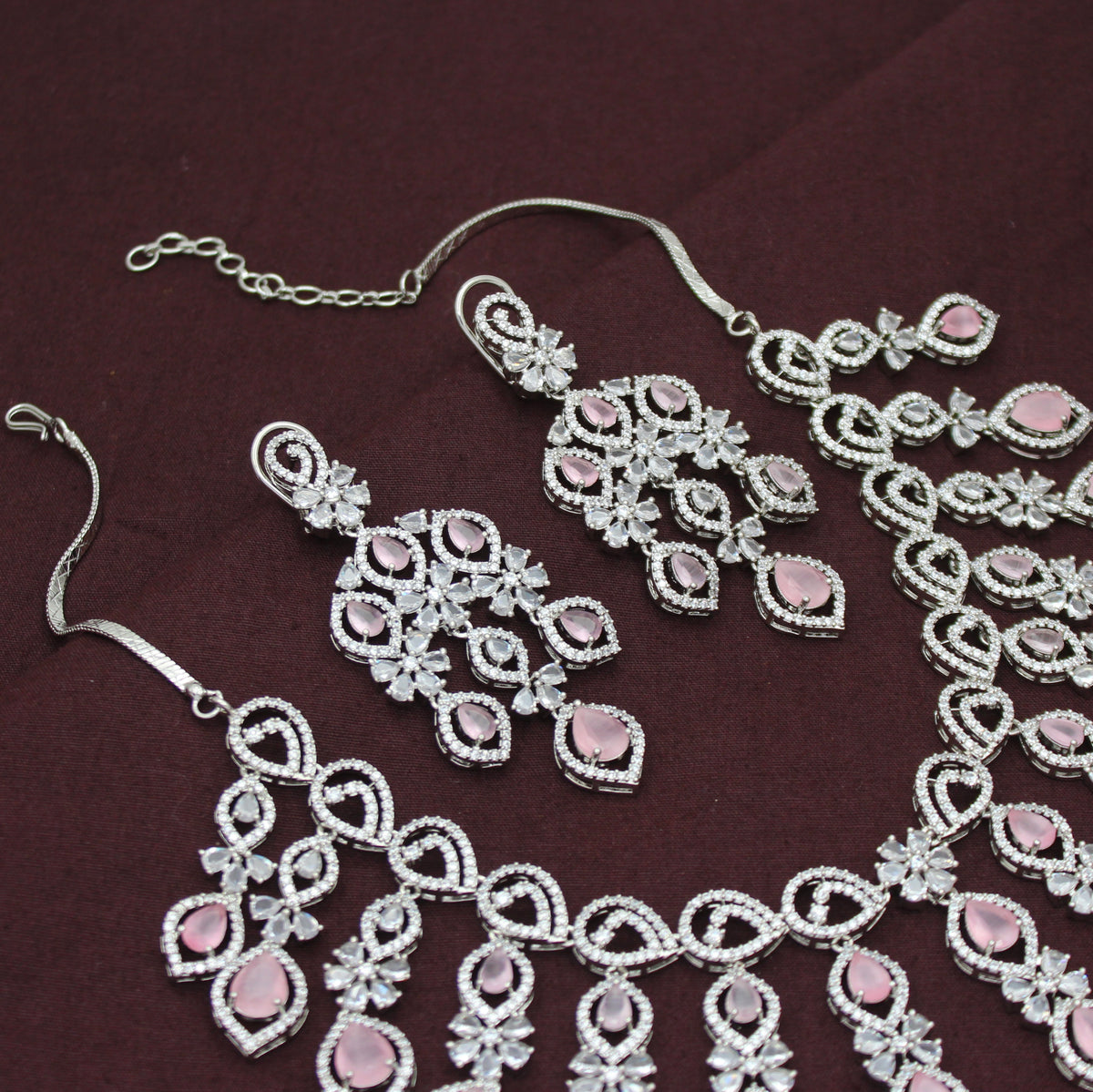 Premium Platinum Bridal Short Pink Flexible Necklace Fancy Floral Necklace Set Tear Drop Design With Big Bridal Push Back Earrings Party Wear 42885