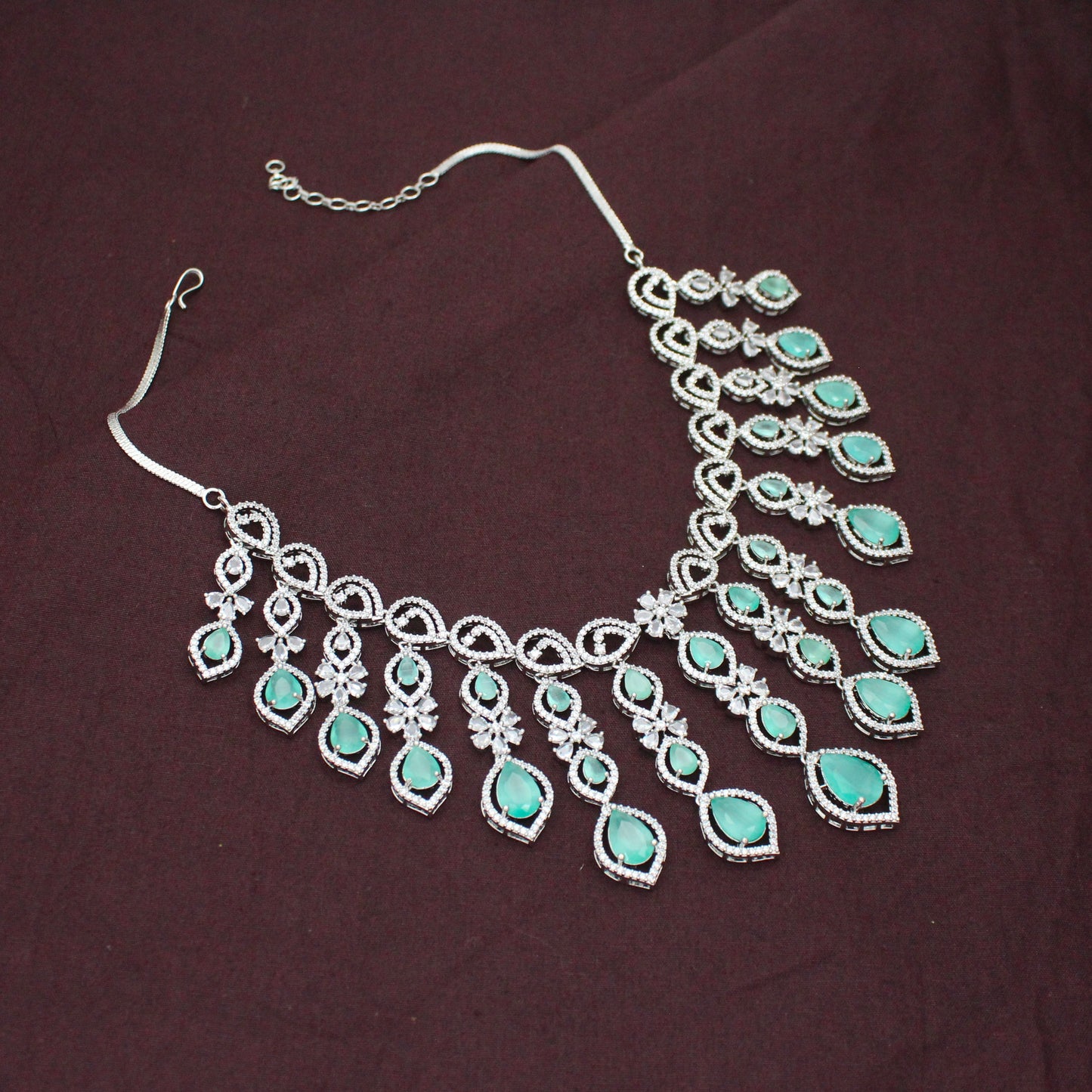Premium Platinum Bridal Short Mint Green Flexible Necklace Fancy Floral Necklace Set Tear Drop Design With Big Bridal Push Back Earrings Party Wear 42880