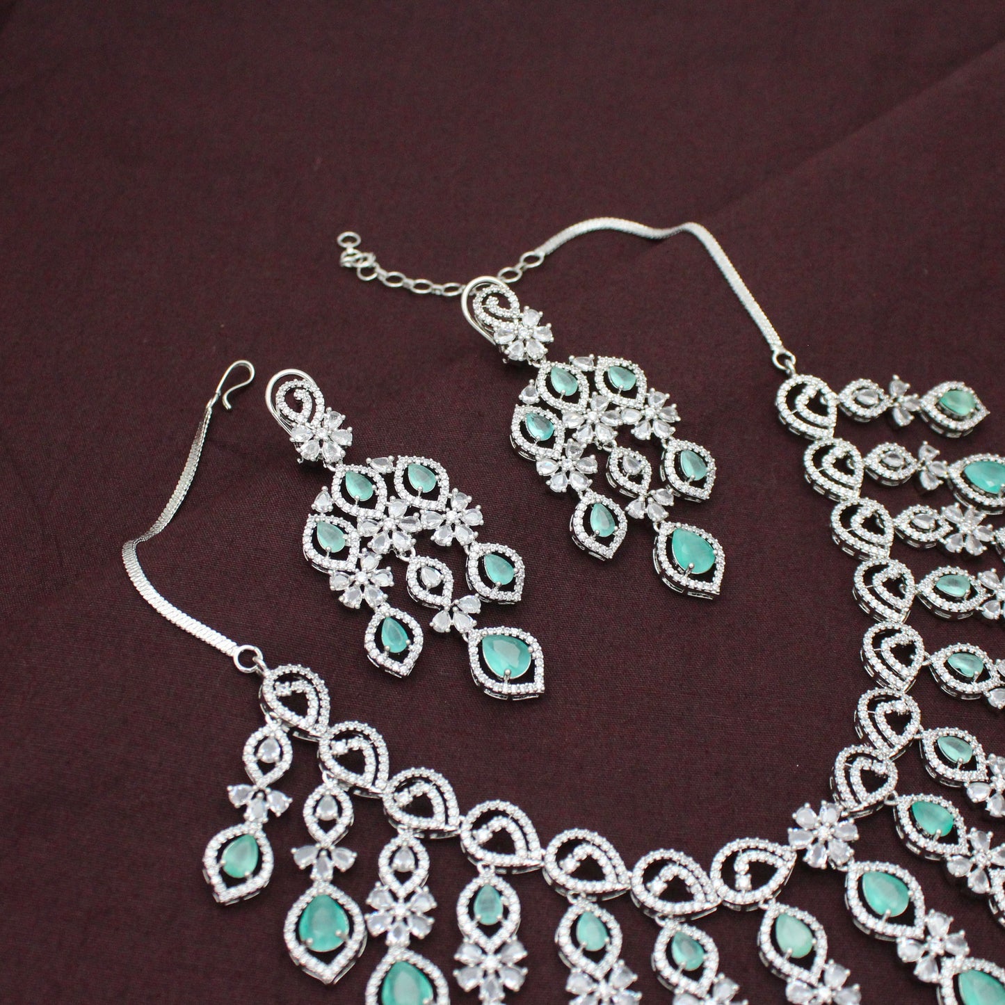 Premium Platinum Bridal Short Mint Green Flexible Necklace Fancy Floral Necklace Set Tear Drop Design With Big Bridal Push Back Earrings Party Wear 42880