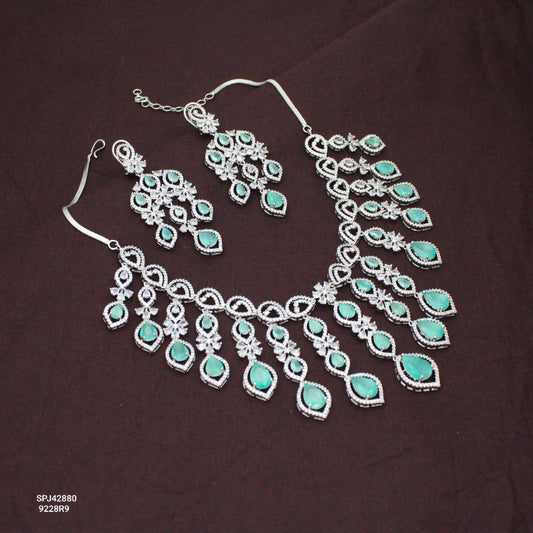 Premium Platinum Bridal Short Mint Green Flexible Necklace Fancy Floral Necklace Set Tear Drop Design With Big Bridal Push Back Earrings Party Wear 42880