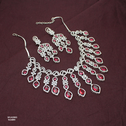 Premium Platinum Bridal Short Red Flexible Necklace Fancy Floral Necklace Set Tear Drop Design With Big Bridal Push Back Earrings Party Wear 42883