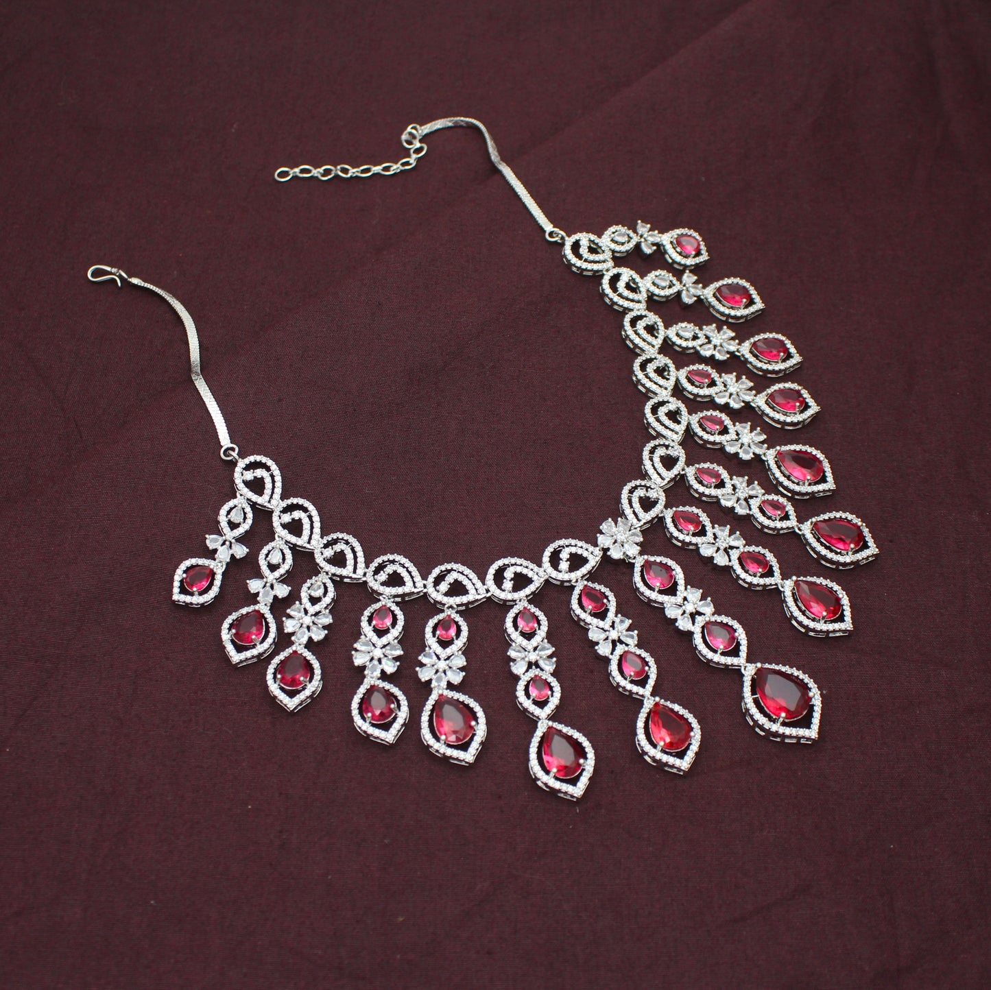 Premium Platinum Bridal Short Red Flexible Necklace Fancy Floral Necklace Set Tear Drop Design With Big Bridal Push Back Earrings Party Wear