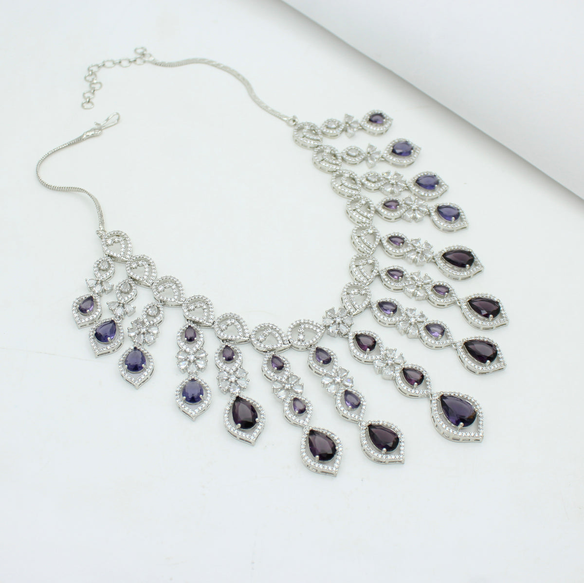 Premium Platinum Bridal Short Purple Flexible Necklace Fancy Floral Necklace Set Tear Drop Design With Big Bridal Push Back Earrings Party Wear 42882