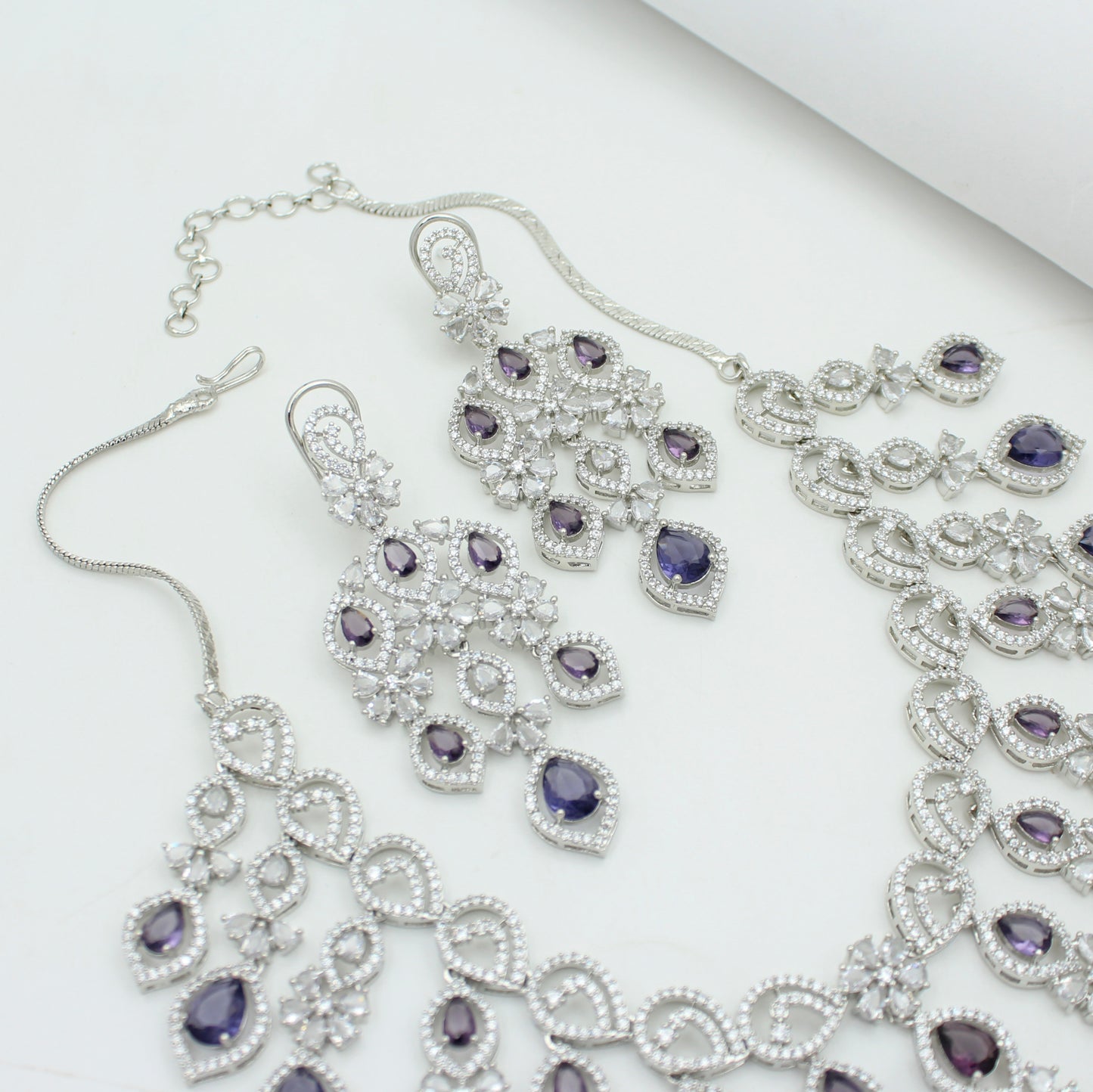Premium Platinum Bridal Short Purple Flexible Necklace Fancy Floral Necklace Set Tear Drop Design With Big Bridal Push Back Earrings Party Wear 42882