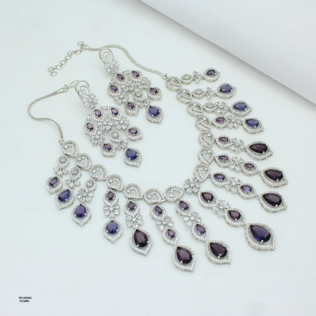 Premium Platinum Bridal Short Purple Flexible Necklace Fancy Floral Necklace Set Tear Drop Design With Big Bridal Push Back Earrings Party Wear 42882