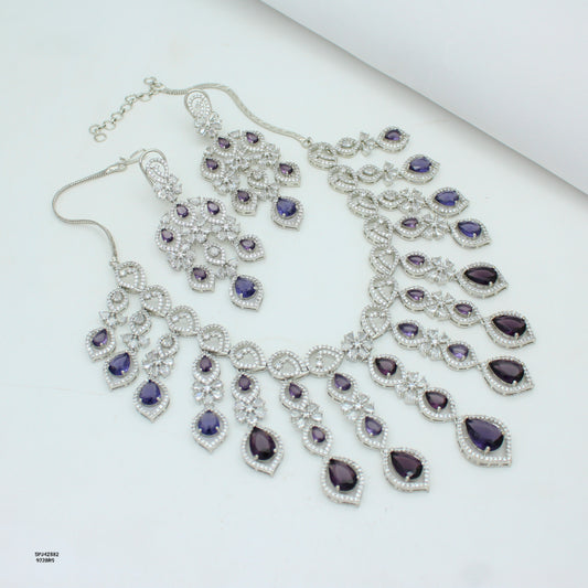Premium Platinum Bridal Short Purple Flexible Necklace Fancy Floral Necklace Set Tear Drop Design With Big Bridal Push Back Earrings Party Wear 42882
