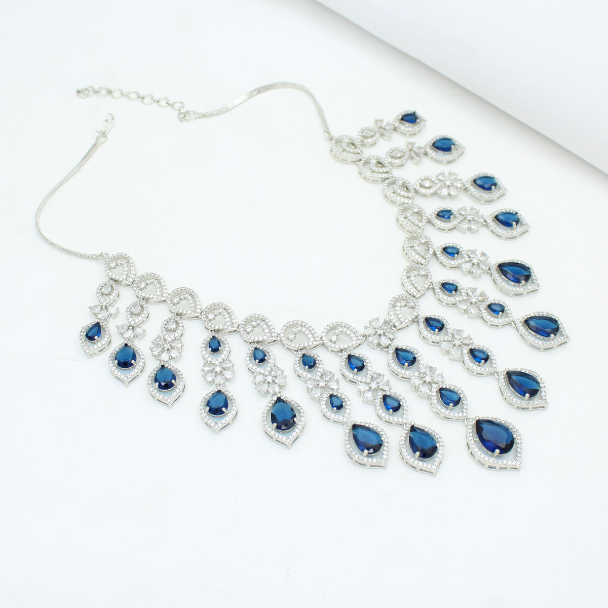 Premium Platinum Bridal Short Navy Blue Flexible Necklace Fancy Floral Necklace Set Tear Drop Design With Big Bridal Push Back Earrings Party Wear 42884