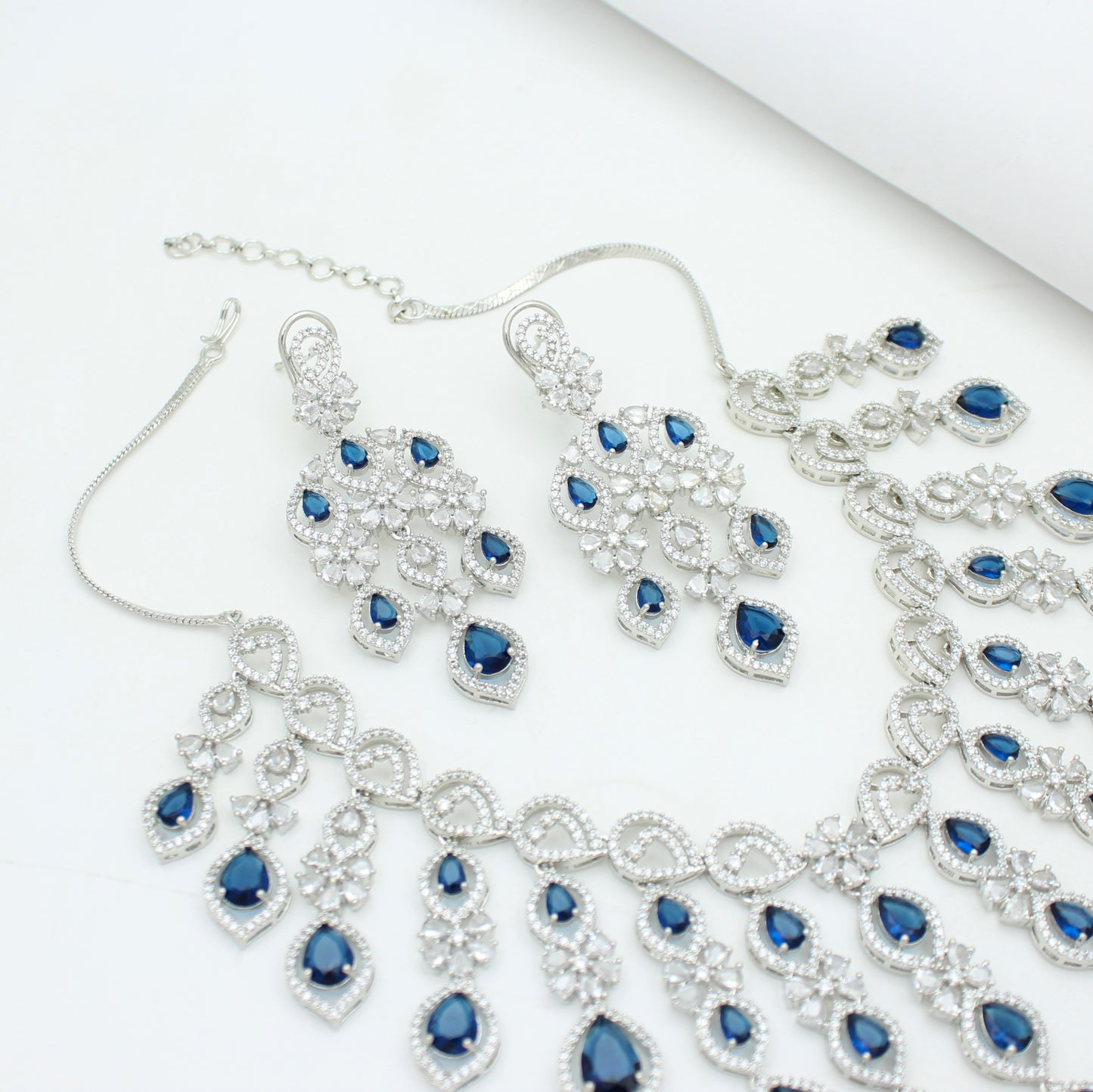 Premium Platinum Bridal Short Navy Blue Flexible Necklace Fancy Floral Necklace Set Tear Drop Design With Big Bridal Push Back Earrings Party Wear 42884