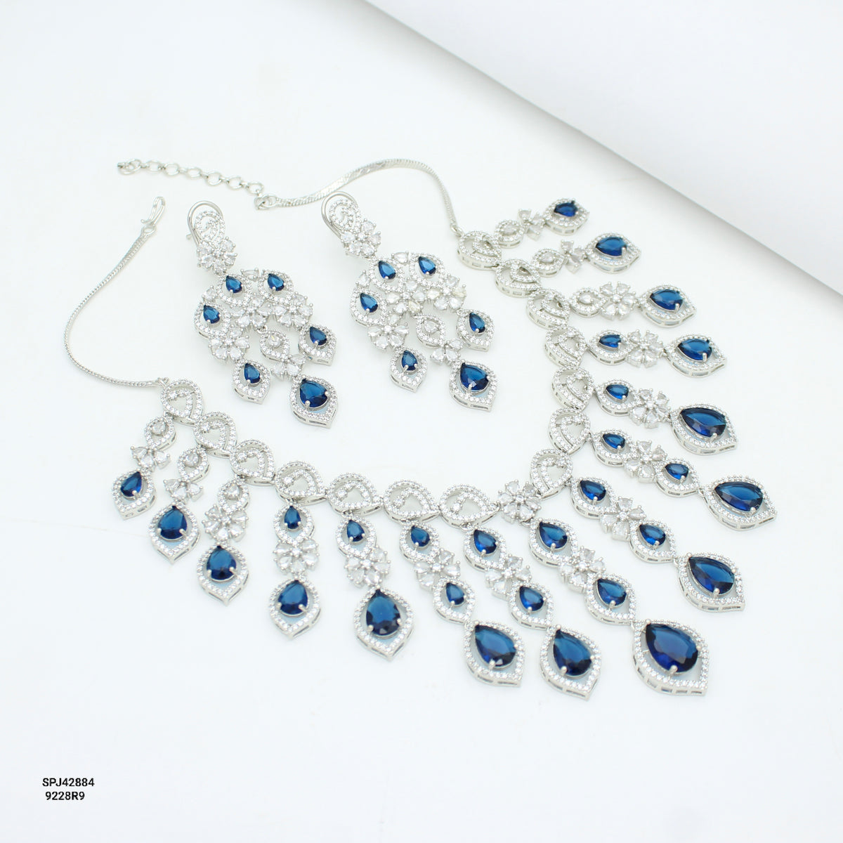 Premium Platinum Bridal Short Navy Blue Flexible Necklace Fancy Floral Necklace Set Tear Drop Design With Big Bridal Push Back Earrings Party Wear 42884