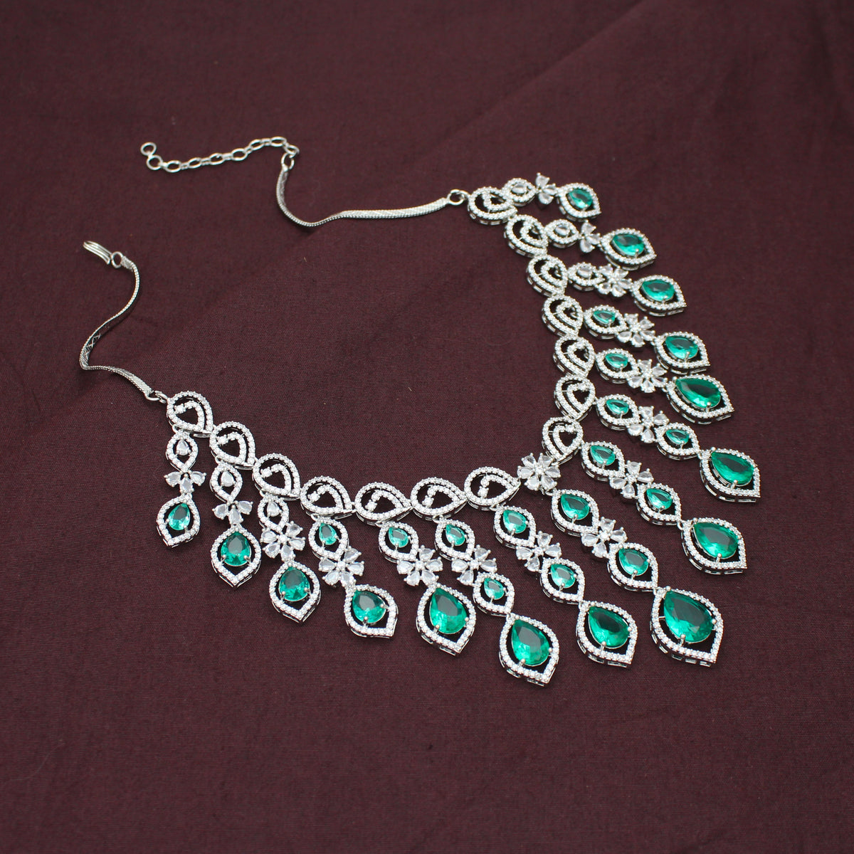 Premium Platinum Bridal Short Rama GreenFlexible Necklace Fancy Floral Necklace Set Tear Drop Design With Big Bridal Push Back Earrings Party Wear 42881