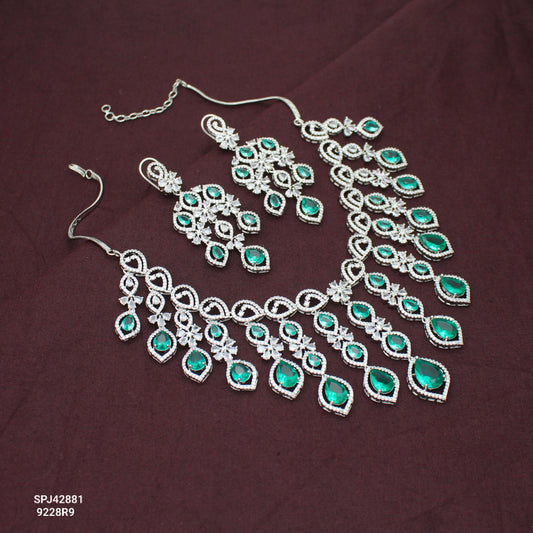 Premium Platinum Bridal Short Rama GreenFlexible Necklace Fancy Floral Necklace Set Tear Drop Design With Big Bridal Push Back Earrings Party Wear 42881