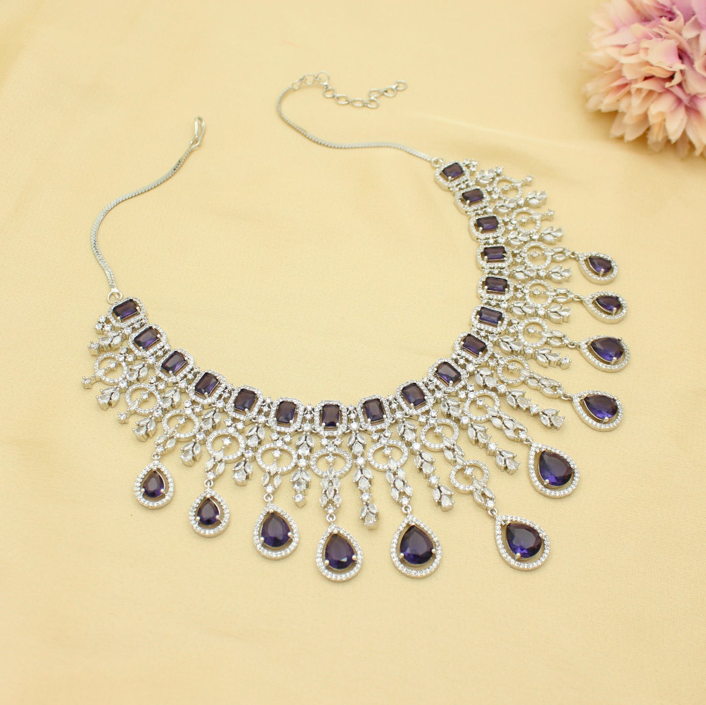 Bridal Short Platinum Purple Square Stone Drop Necklace Set With Push Back Bridal Earrings Premium Jewellery For Party Wear 42888