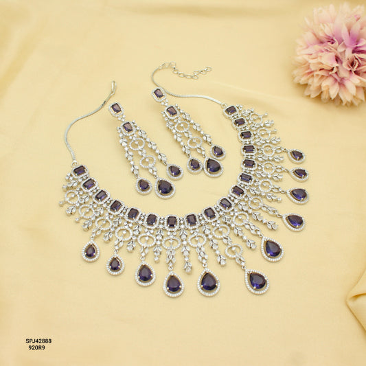 Bridal Short Platinum Purple Square Stone Drop Necklace Set With Push Back Bridal Earrings Premium Jewellery For Party Wear 42888