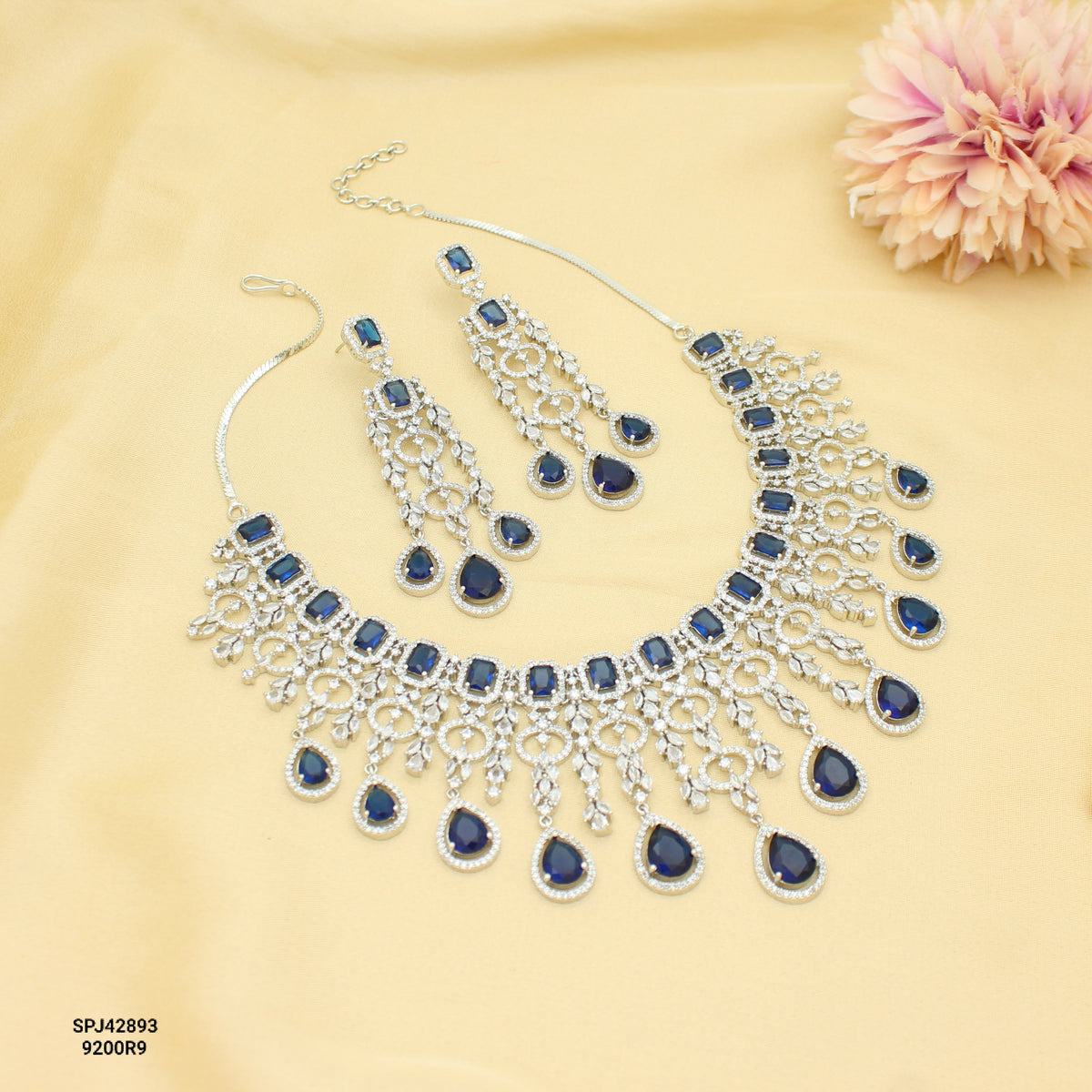 Bridal Short Platinum Navy Blue Square Stone Drop Necklace Set With Push Back Bridal Earrings Premium Jewellery For Party Wear 42893
