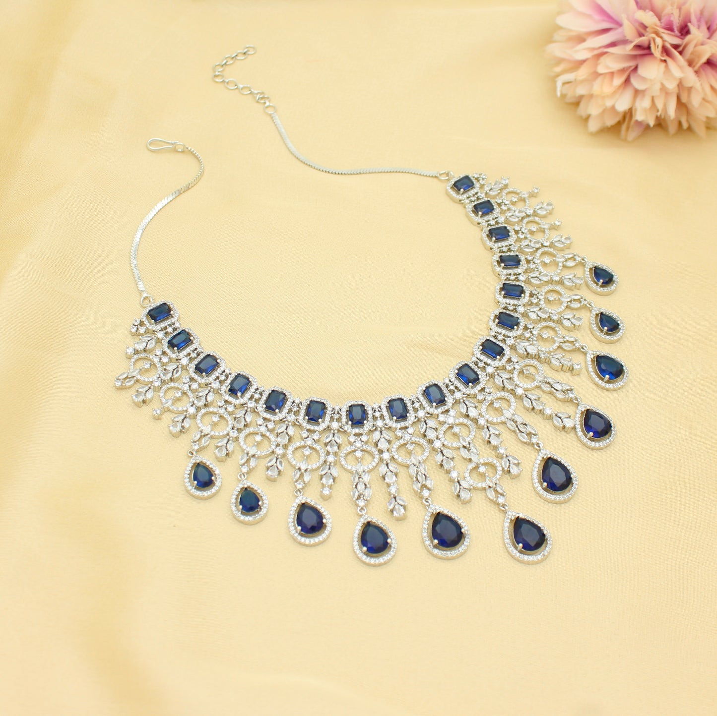 Bridal Short Platinum Navy Blue Square Stone Drop Necklace Set With Push Back Bridal Earrings Premium Jewellery For Party Wear 42893