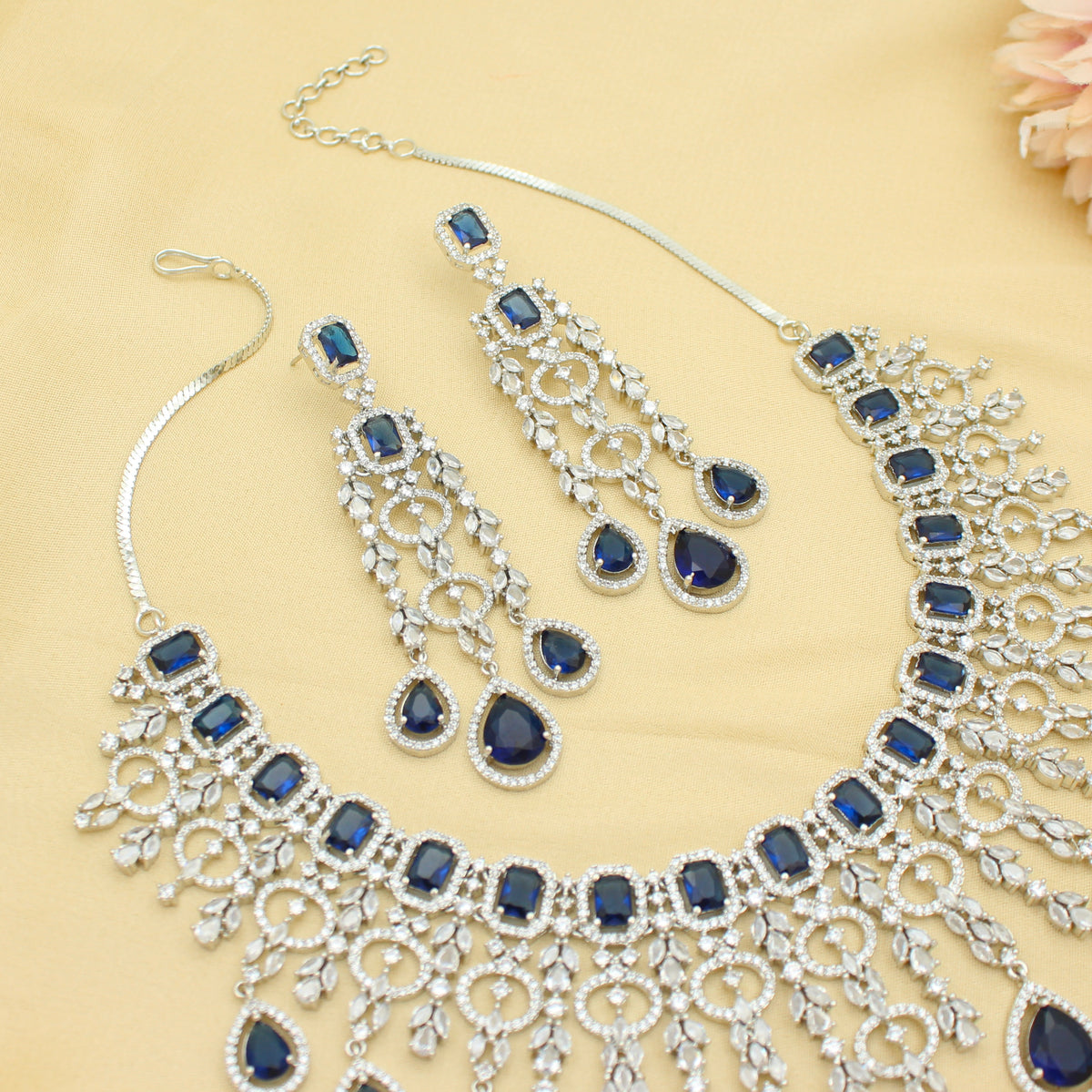Bridal Short Platinum Navy Blue Square Stone Drop Necklace Set With Push Back Bridal Earrings Premium Jewellery For Party Wear 42893