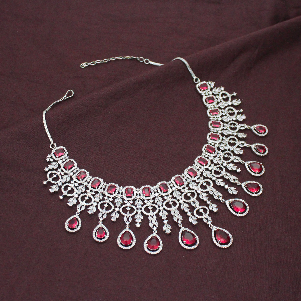 Bridal Short Platinum Red Square Stone Drop Necklace Set With Push Back Bridal Earrings Premium Jewellery For Party Wear 42887