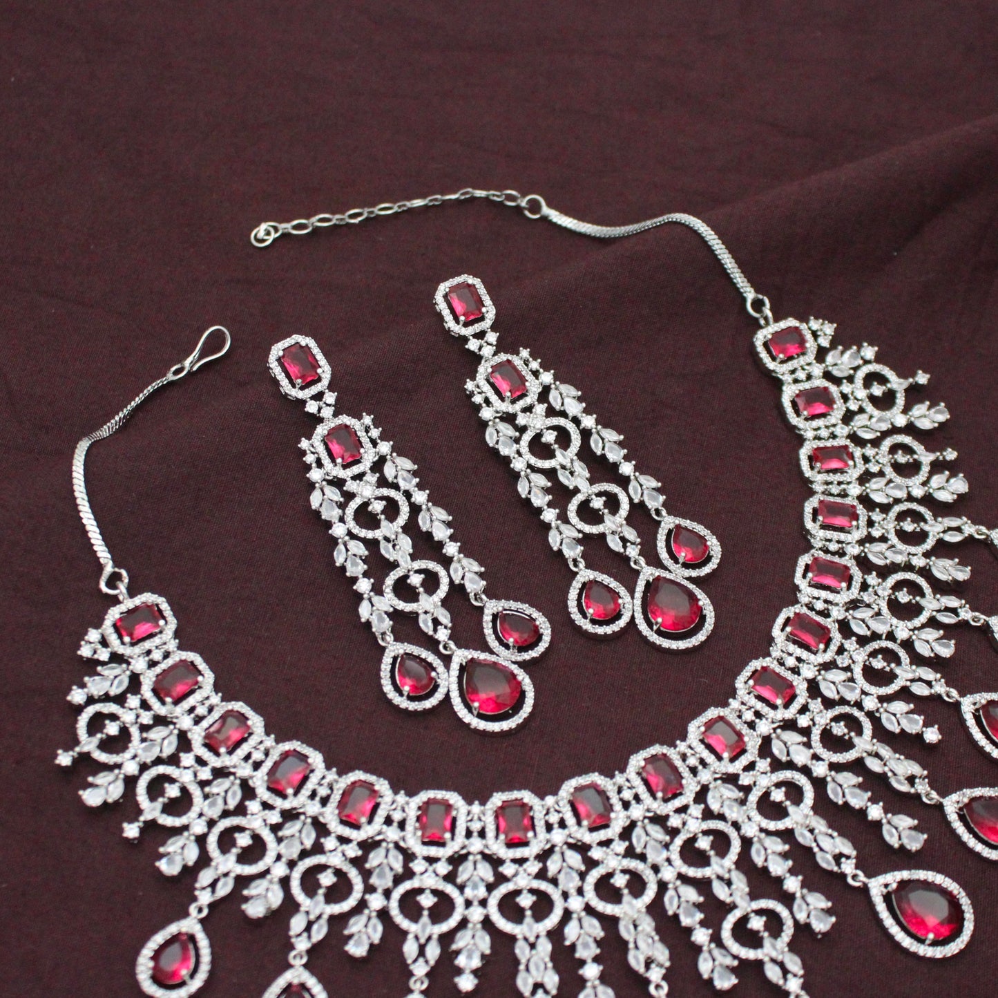 Bridal Short Platinum Red Square Stone Drop Necklace Set With Push Back Bridal Earrings Premium Jewellery For Party Wear 42887