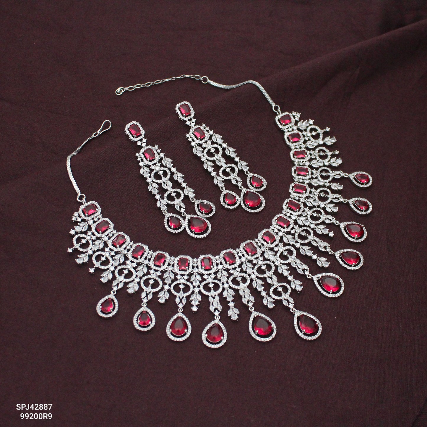 Bridal Short Platinum Red Square Stone Drop Necklace Set With Push Back Bridal Earrings Premium Jewellery For Party Wear 42887